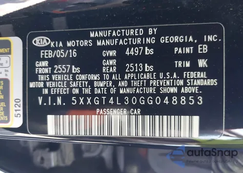 2016 Kia Optima Lx z USA, uszkodzony, nr VIN 5XXGT4L30GG048853